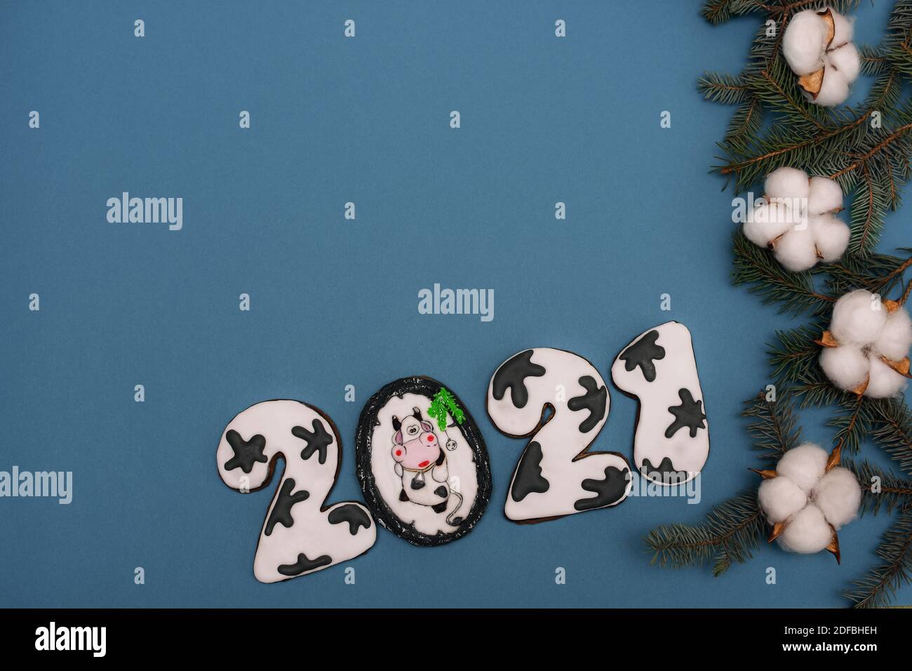 Das neue Jahr Flat Ley auf blauem Hintergrund. Lebkuchen 2021. Kuh oder Stier. Zweige der Fichte. Stockfoto