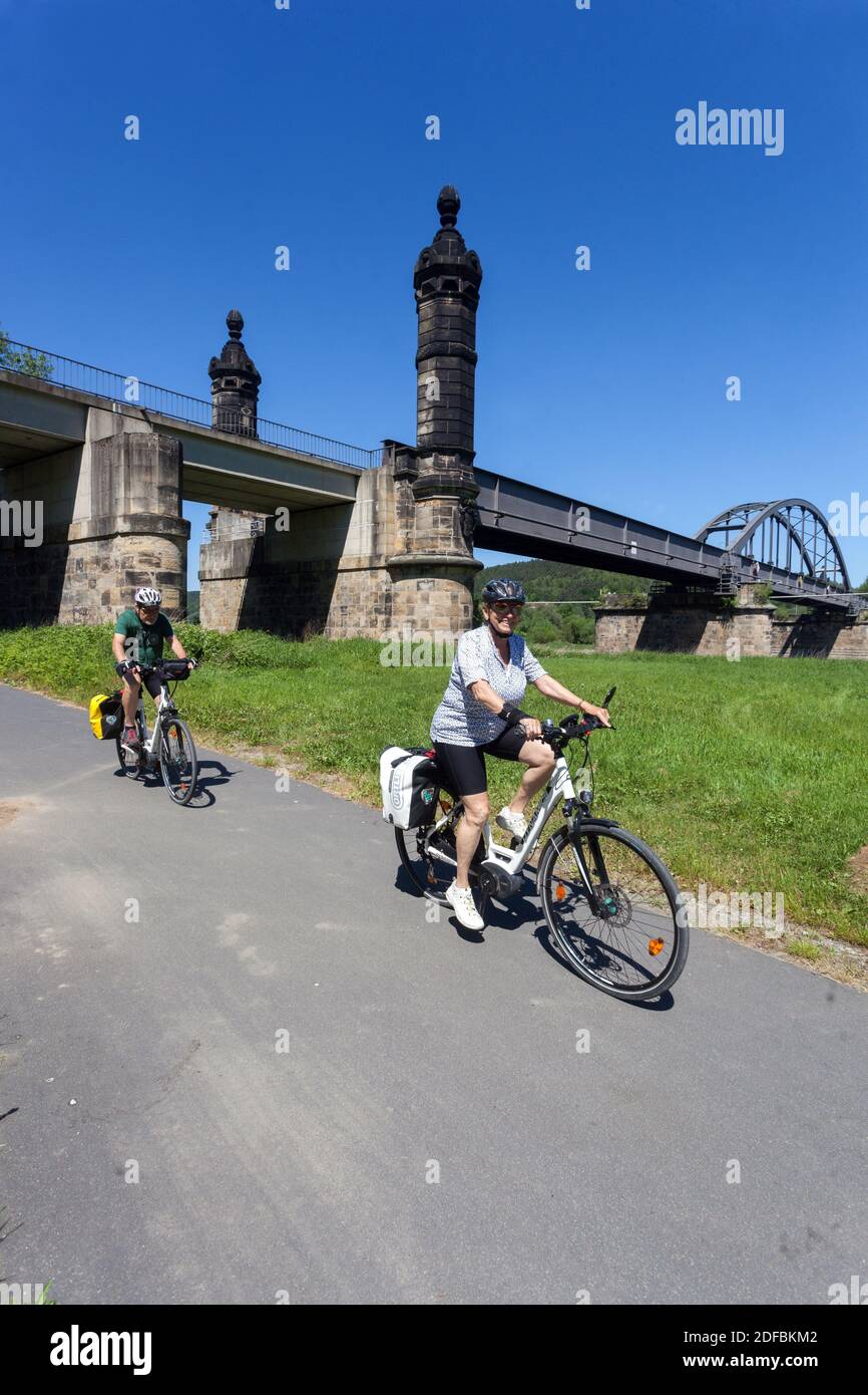 Senioren Radfahren auf Elberadweg bei Bad Schandau Deutschland Zug Brücke Stockfoto