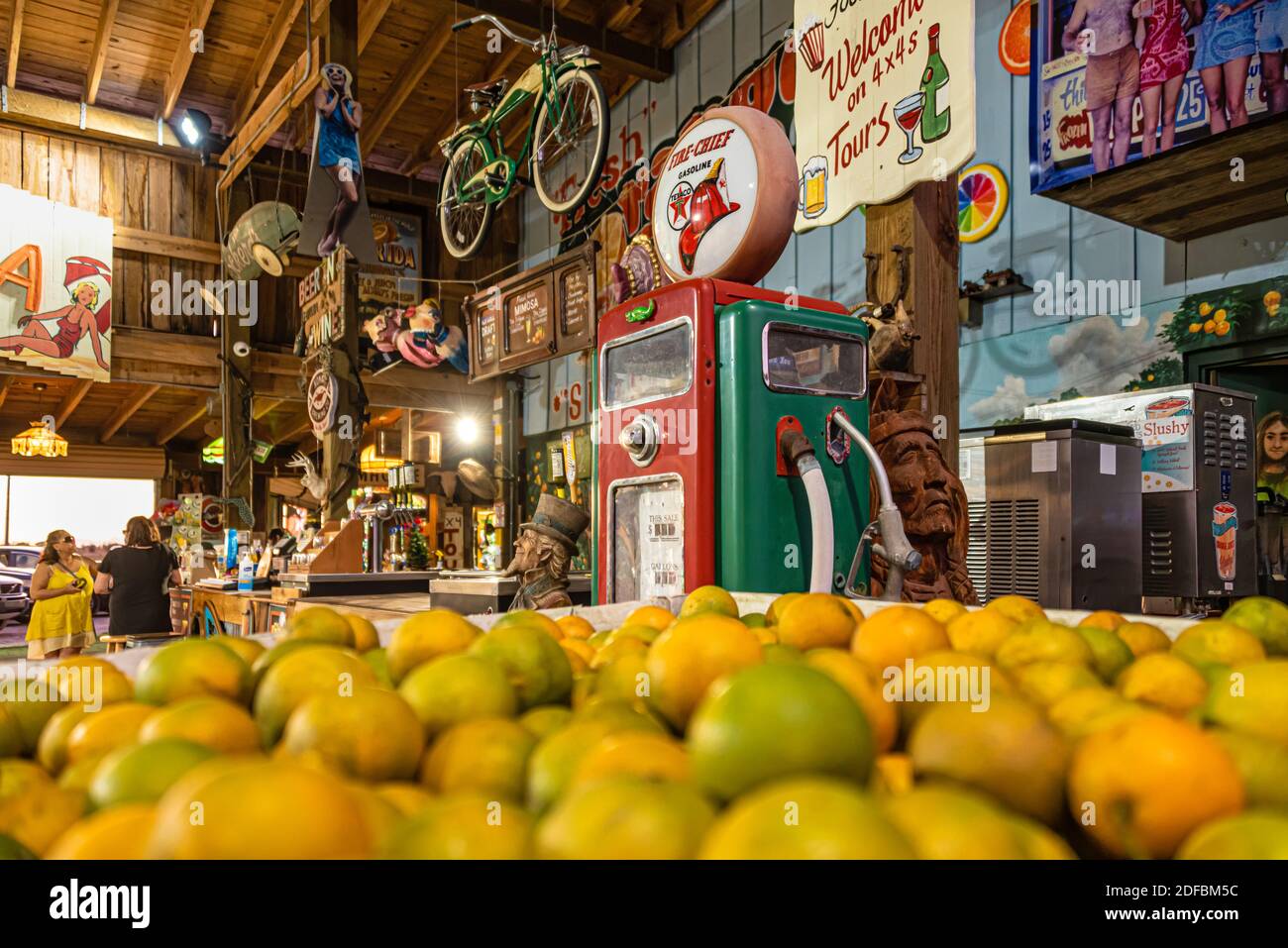 Der Showcase von Citrus ist ein Roadside Vergnügen mit U-Pick Zitrusfrüchte, Open Air Markt, Florida Neuheiten, und Monster Truck Grove Touren in Clermont, FL. Stockfoto
