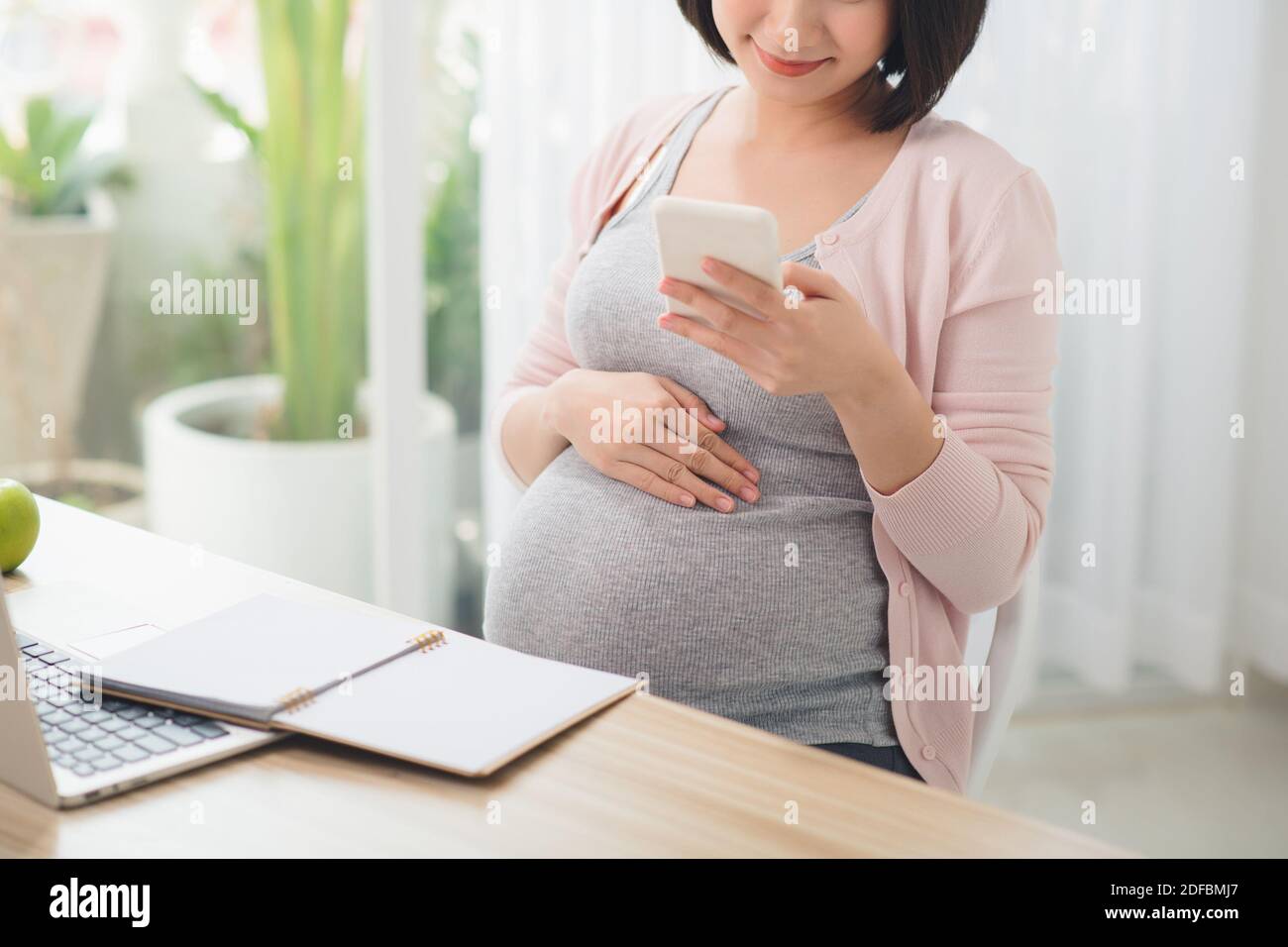 Junge schwangere Frau arbeitet im Home Office Stockfoto