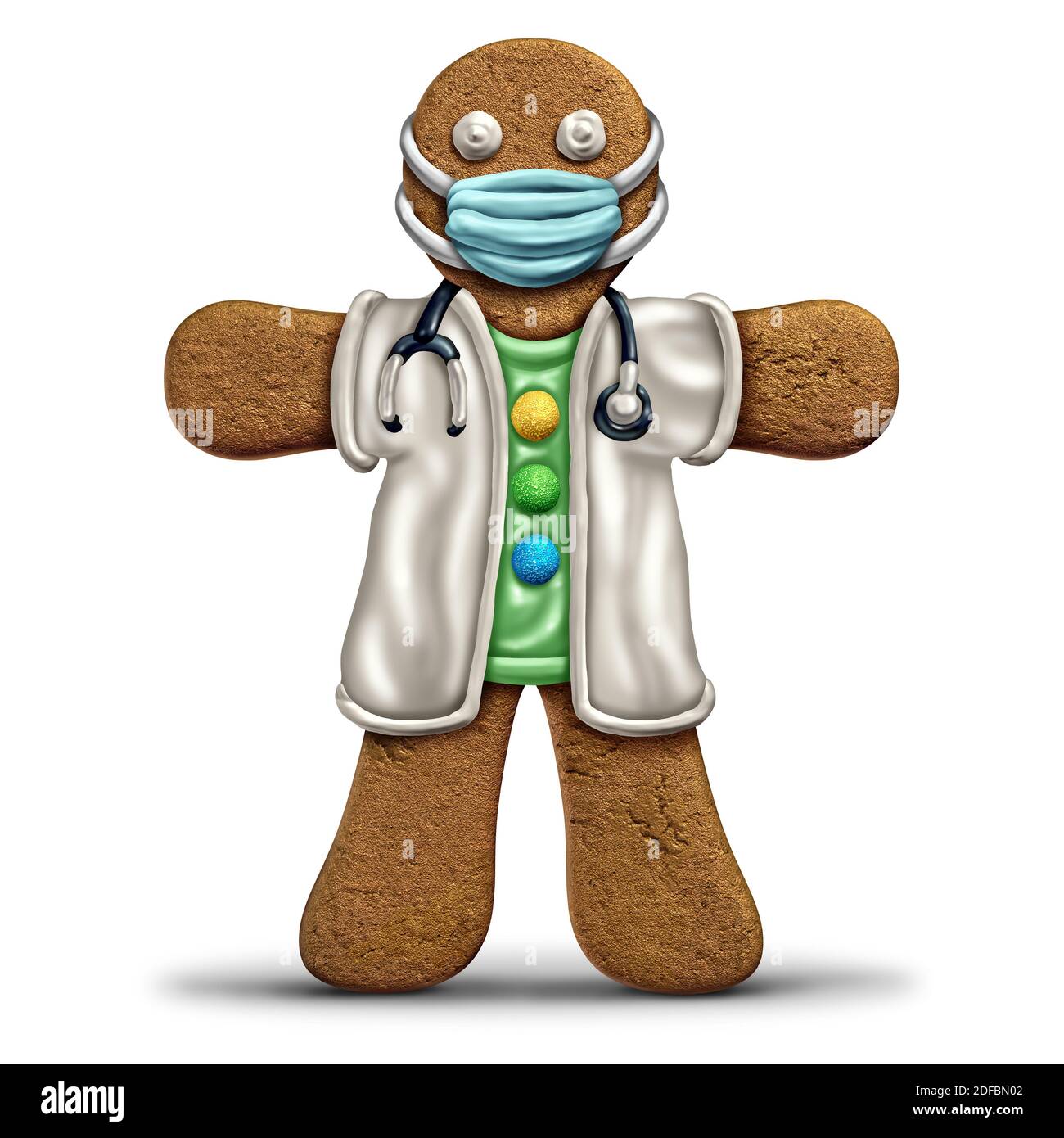 Lebkuchen Mann Arzt und Gesundheitsarbeiter Symbol mit einer Gesichtsmaske für Gesundheit und Gesundheit wesentliche Arbeiter Held backen Verkauf und die Verhinderung eines Virus. Stockfoto