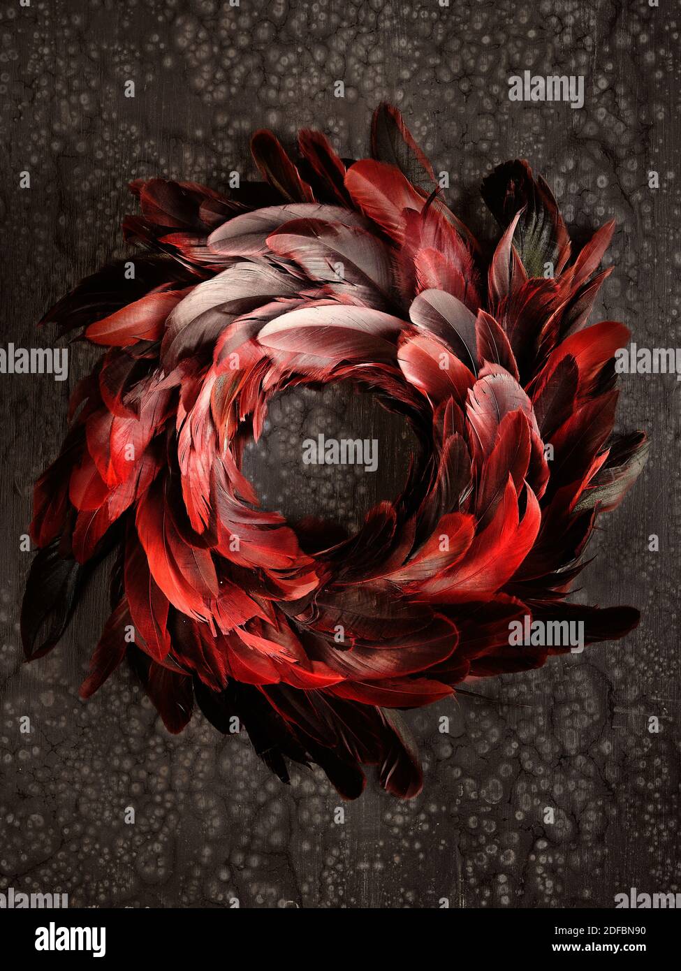 Flacher Lay, vintage schwarz, rot, kastanienbraun und flammend orange Federkranz auf dunkelbraunem Hintergrund. Stockfoto