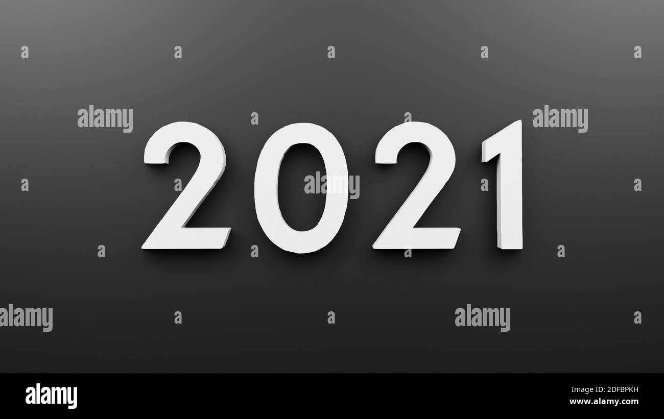 Jahr 2021 in weiß fett Zahlen auf dunkelschwarzem Hintergrund, 3D CGI