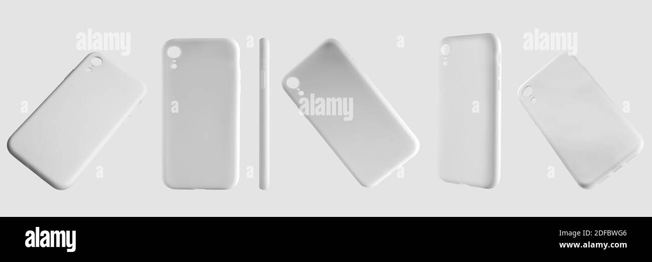 Modell von weißen Smartphone-Hüllen, Container mit 6 verschiedenen Positionen. Cover-Vorlage für die Präsentation von Design und Werbung im Online-Shop Stockfoto