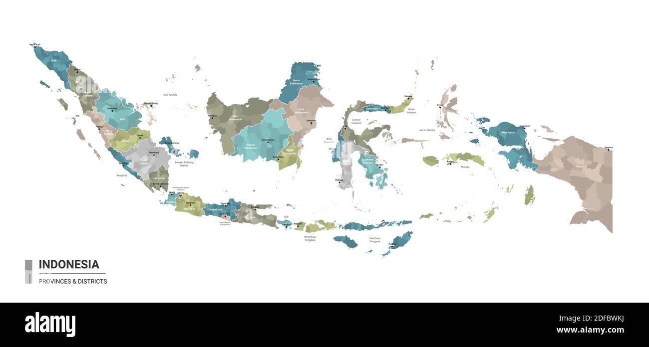 Indonesien Higt Detailkarte mit Unterteilungen. Administrative Karte von Indonesien mit Bezirken und Städten Namen, farbig nach Staaten und administrative di Stock Vektor