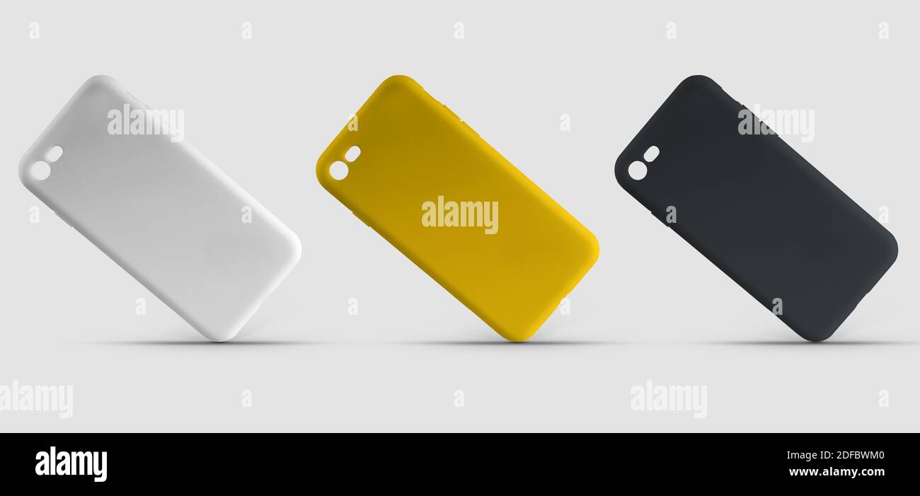 Set aus 3 mehrfarbigen Smartphone-Hüllen, gelb, schwarz und weiß, Vorlage auf isoliertem Hintergrund für Design-Präsentation. Mockup Abdeckungen auf mobile für Stockfoto