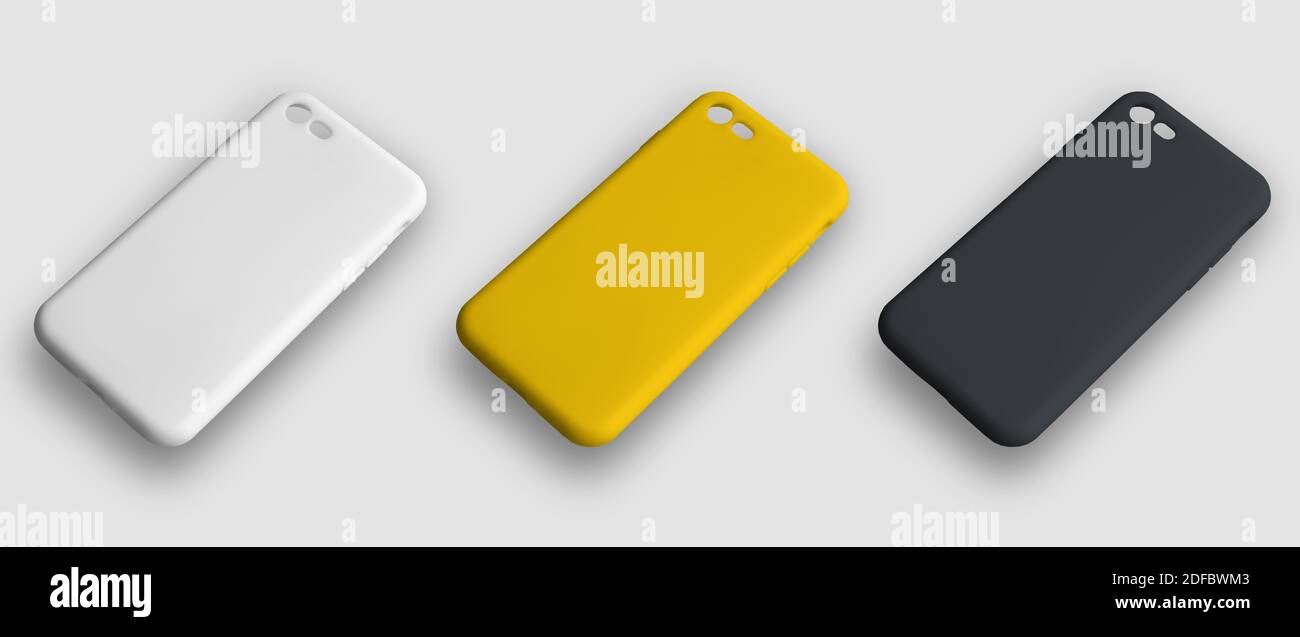 Mockup Cases für Smartphone mit Schatten auf einem isolierten Hintergrund für Design-Präsentation. Handy-Cover-Vorlage für Werbung in einem Online-s Stockfoto