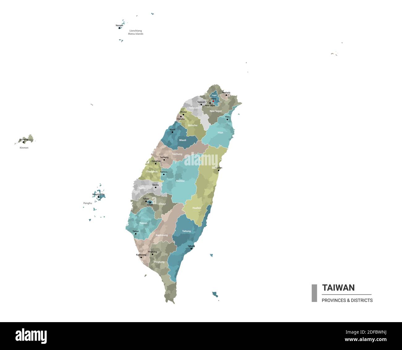 Taiwan Higt Detailkarte mit Unterteilungen. Verwaltungskarte von Taiwan mit Bezirken und Städten Namen, farbig nach Staaten und Verwaltungsbezirk Stock Vektor