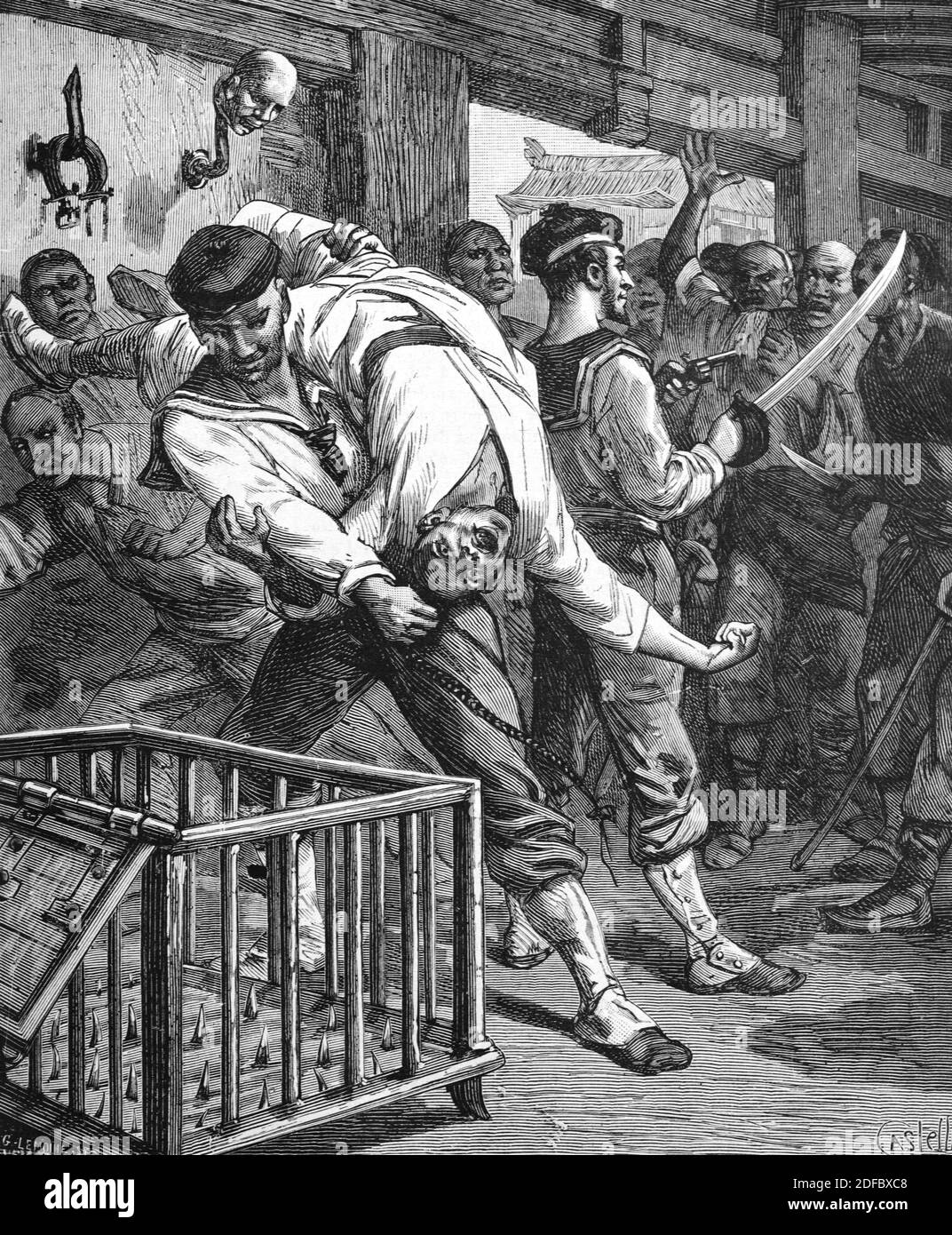 Gefängnis, Gefangene & Folter in Spiked Box oder Crate Shanghai China (engr Castelli 1884) Vintage Illustration oder Gravieren Stockfoto