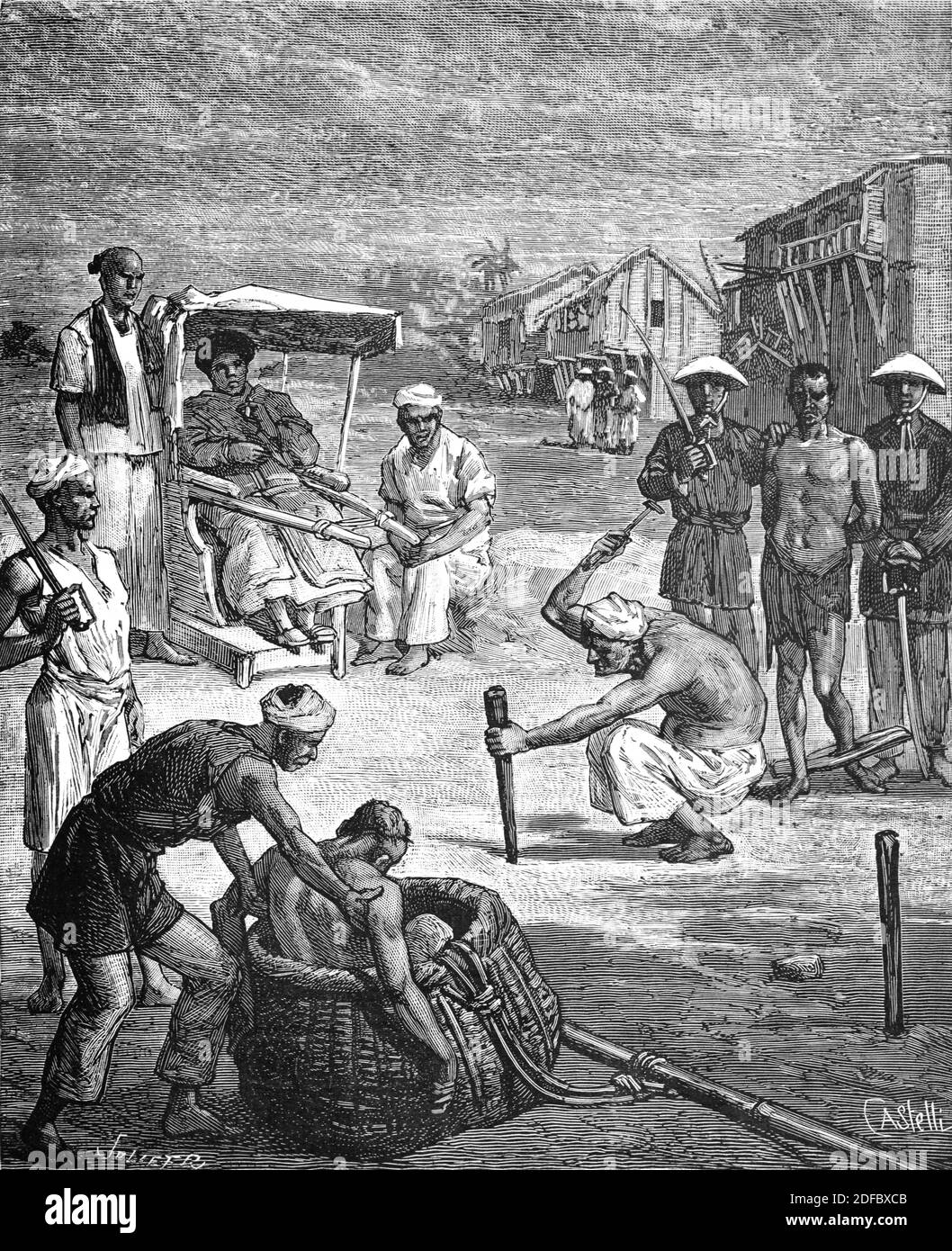 Bestrafung von zwei Piraten in Tonkin Vietnam Indochina (Engr Castelli 1884) Vintage Engraving oder Illustration Stockfoto