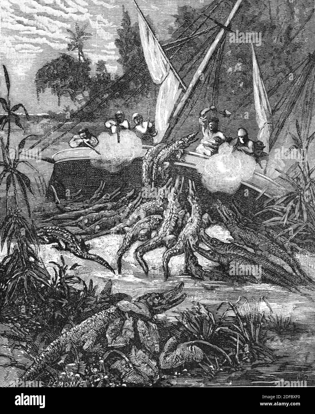 Masse oder Gruppe von Krokodil Angriff Matrosen und kleine hölzerne Boot an der Küste in Asien (Gravur 1885) Vintage Illustration oder Gravur Stockfoto