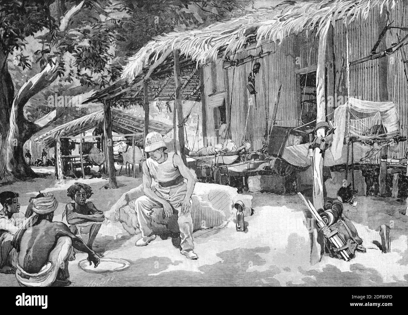 Französischer Kolonialkrieg in Madagaskar. Kolonialer Soldat oder Offizier Treffen mit lokalen madagassischen Menschen außerhalb der Grashütte Madagaskar (Engr 1895) Vintage Illustration oder Gravur Stockfoto