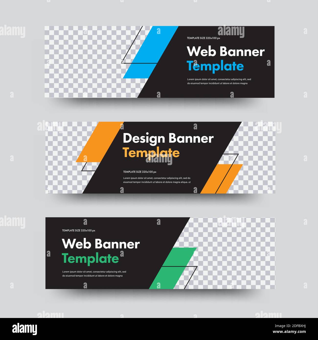 Vector Black Banner Vorlagen mit Platz für Foto und diagonale Design-Elemente. Web-Set mit Strich für Werbung. Stock Vektor