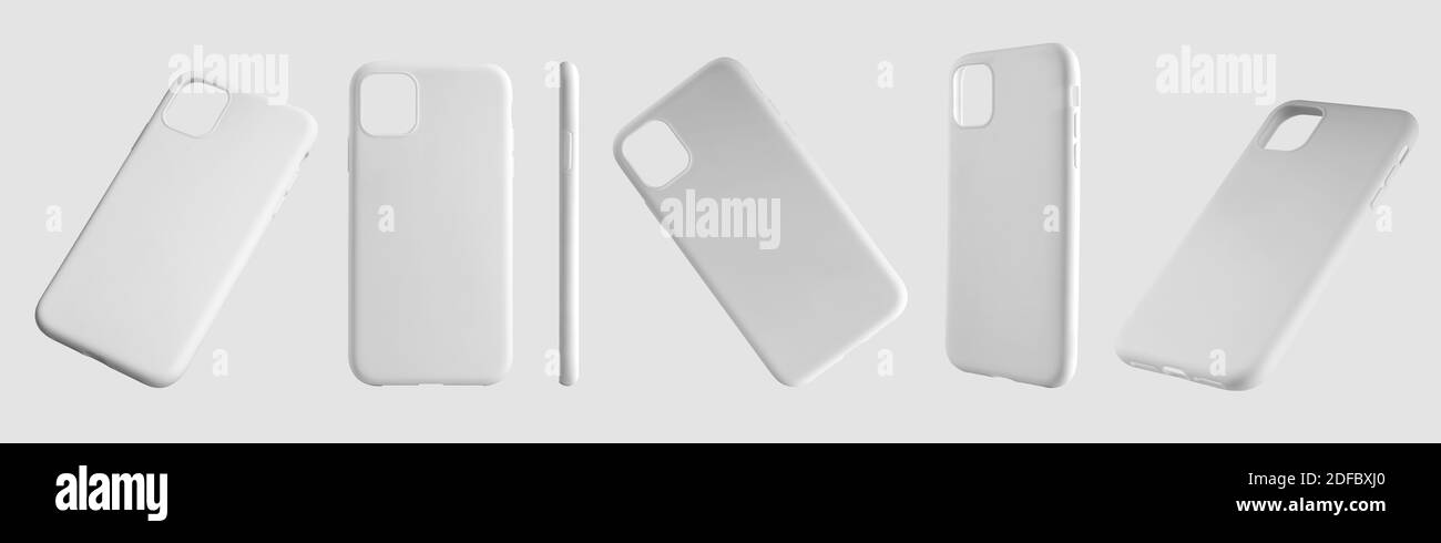 Modell von weißen Kunststoffhüllen für Mobiltelefone, ein Set von 6 Behältern in verschiedenen Positionen. Smartphone Cover Vorlage für die Präsentation von Design und Stockfoto