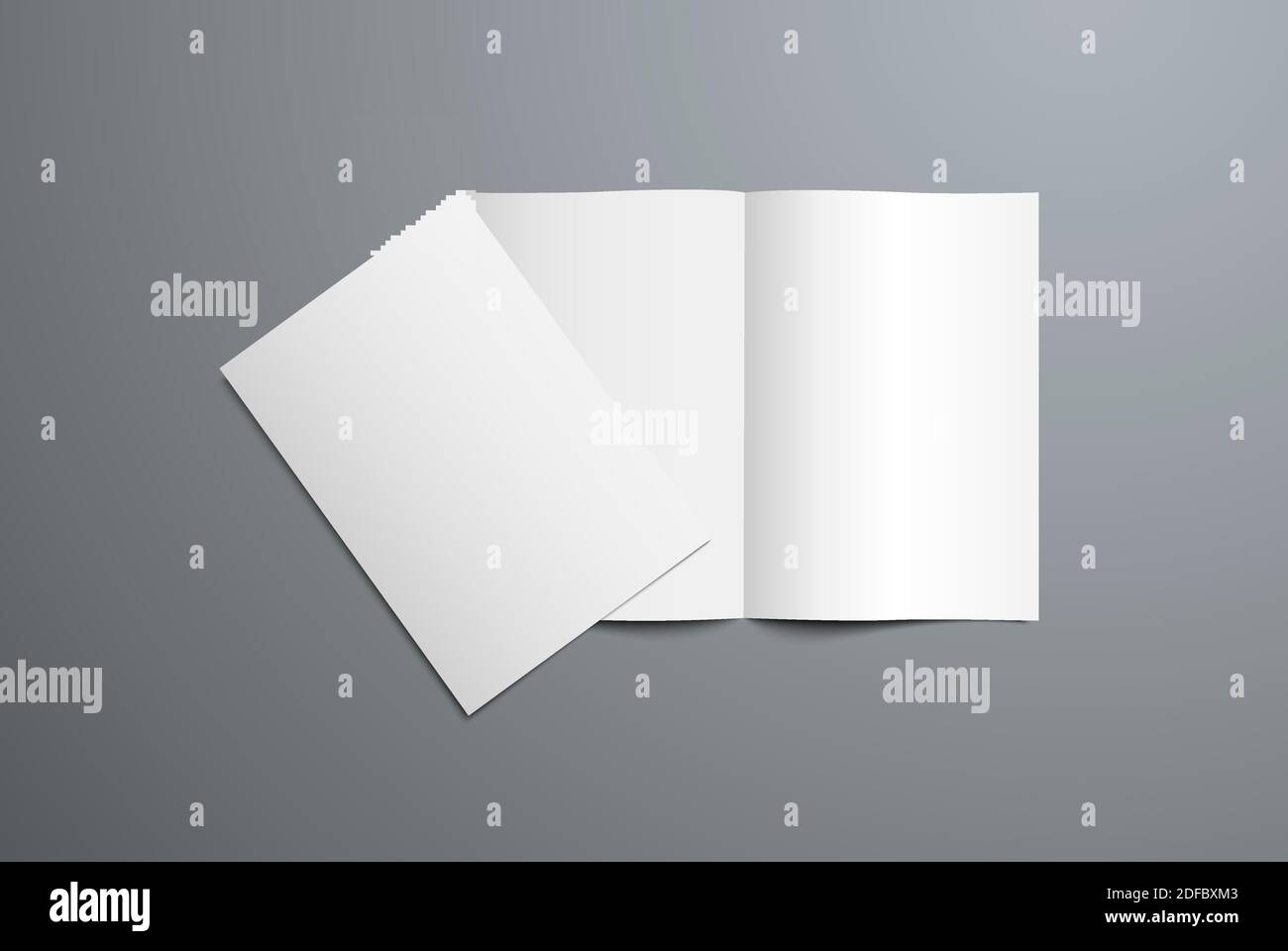 Realistisches Vektormockup von offener und geschlossener Faltprospekt. Weiße Schablone des Blanko-Katalogs zur Präsentation des Designs des Covers und p Stock Vektor