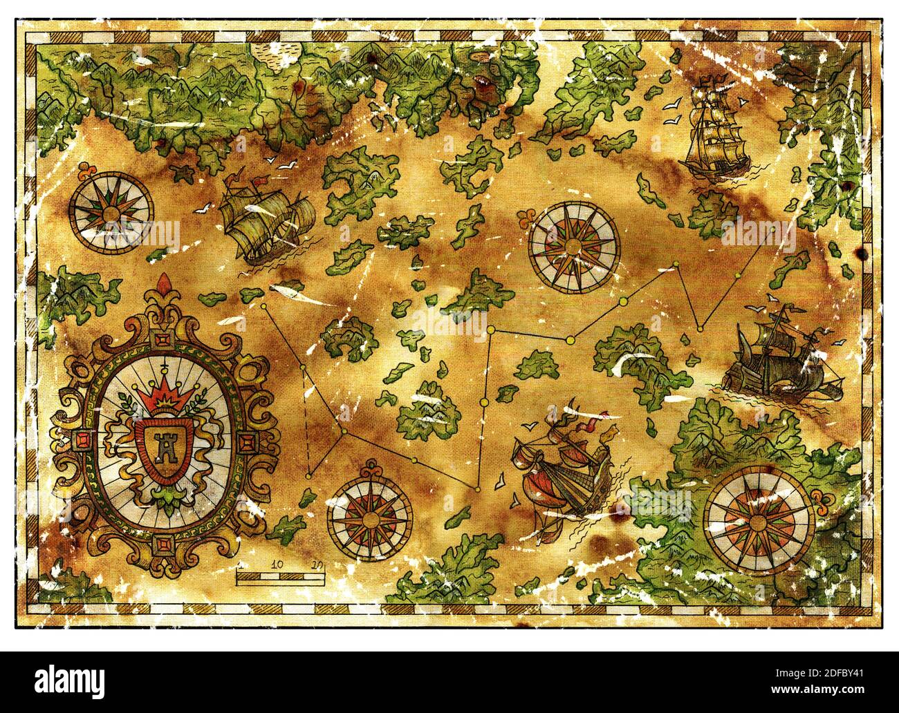 Alte Piratenkarte mit alten Piraten Segelbooten, Schatzinseln. Dekorative antike Hintergrund mit Seekarte, Abenteuer Schätze Jagd Konzept Stockfoto