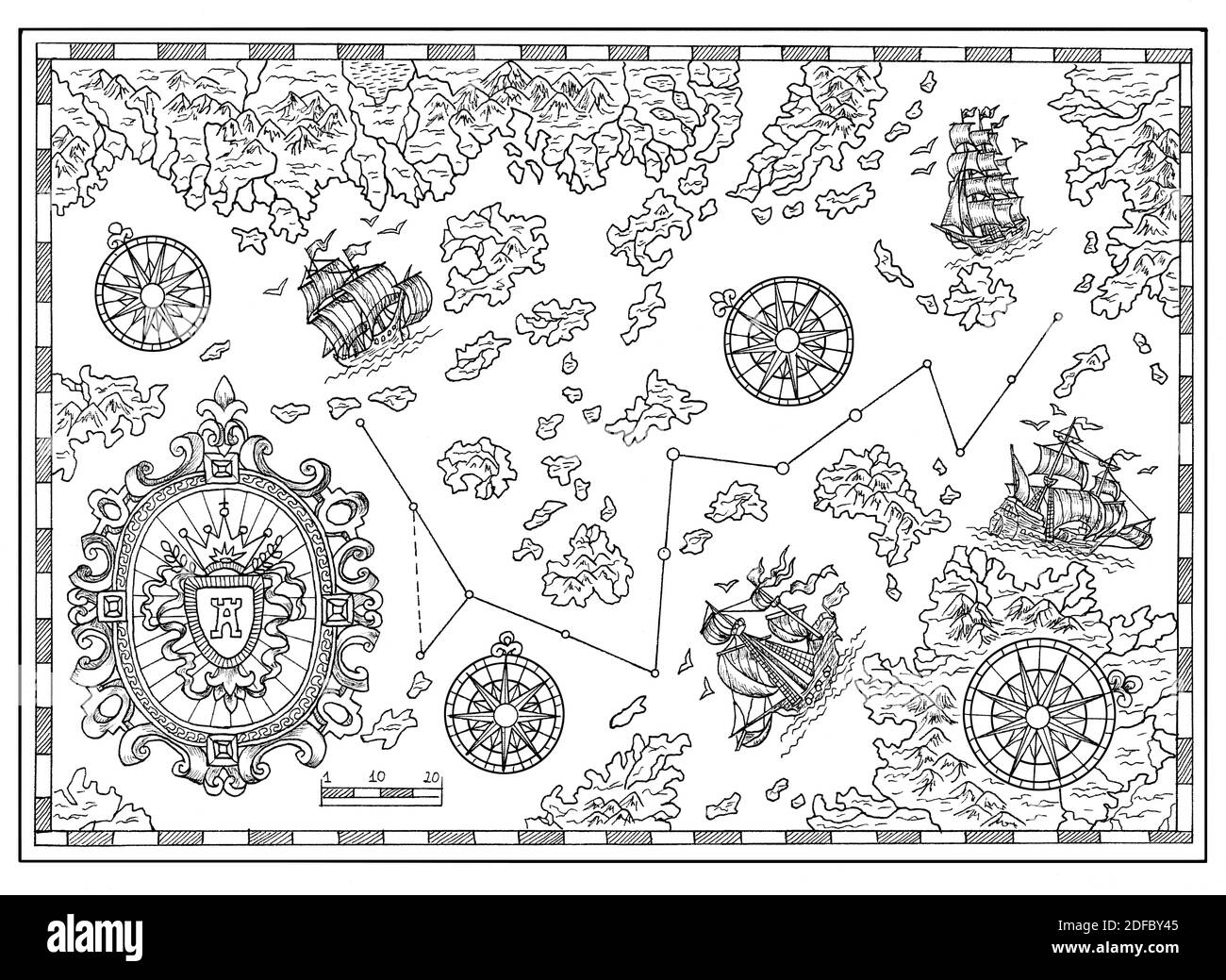 Alte Piratenkarte mit alten Piraten Segelbooten, Schatzinseln. Dekorative antike Hintergrund mit Seekarte, Abenteuer Schätze Jagd Konzept Stockfoto