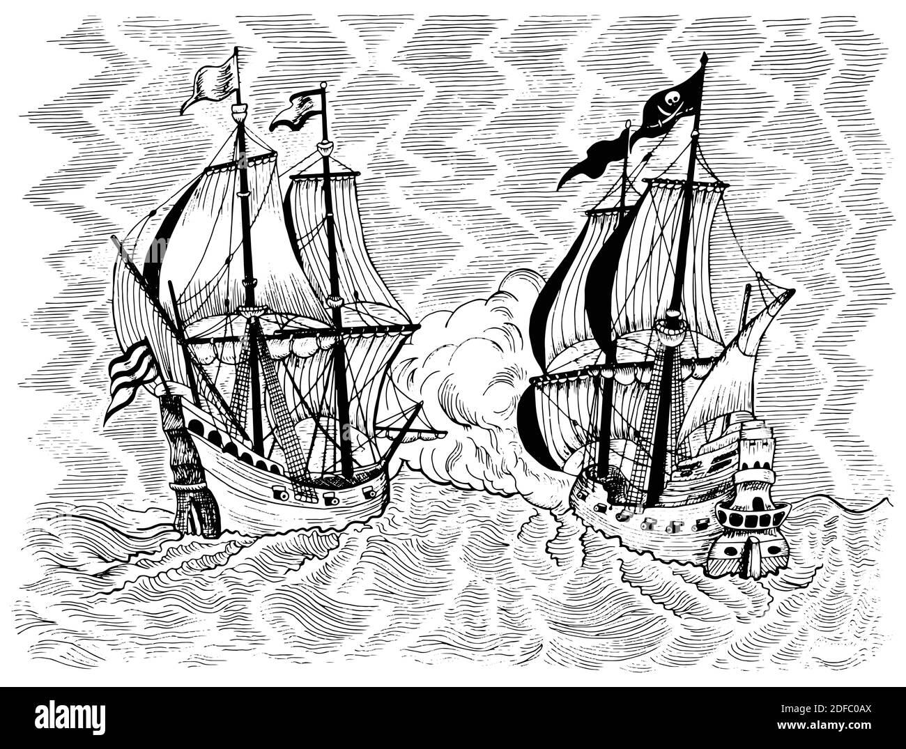 Grafische handgezeichnete Sammlung von nautischen Marine Design-Elemente mit alten Piratenschiff, alte Segelboote, dekorative Rahmen Stock Vektor