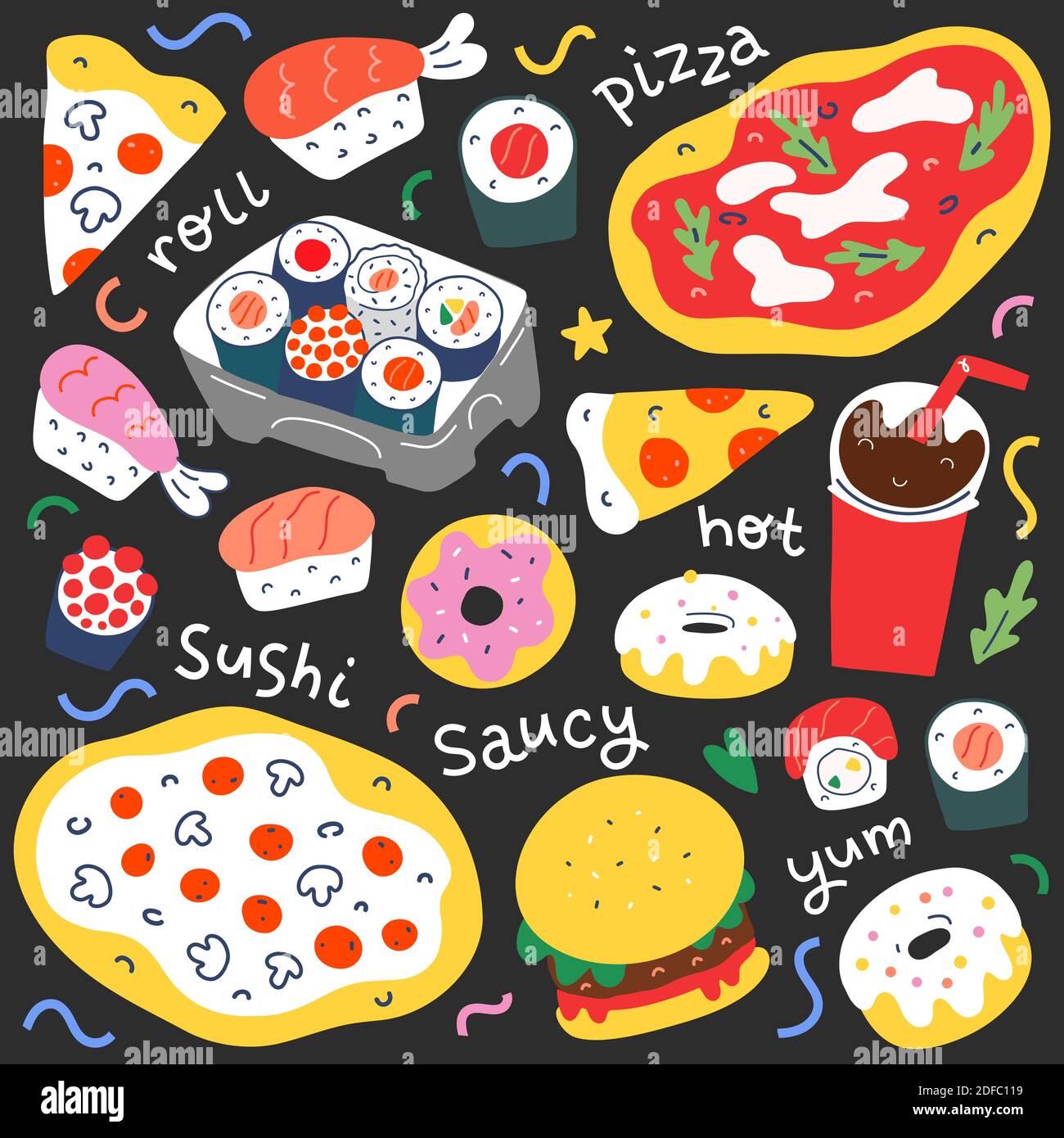 Fastfood Sammlung, Menü Food Illustrationen für Cafe oder Lieferservice, italienische Pizza, japanische Sushi-Brötchen und philadelphia, Cola Drink, Doodle Stock Vektor