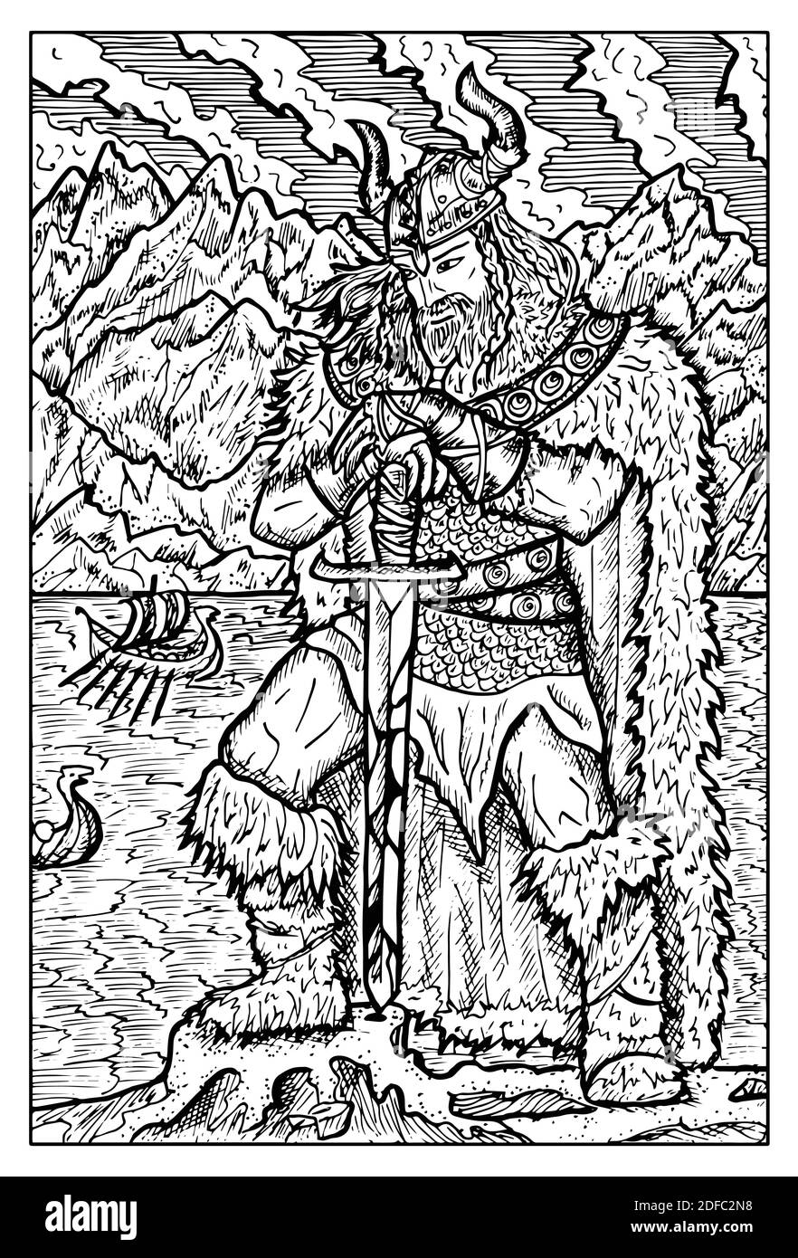 Viking. Schwarz-weiß gravierte Fantasy-Illustration mit mythologischen Kreaturen und Figuren Stock Vektor