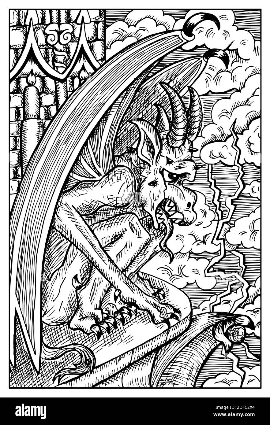 Gargoyle. Schwarz-weiß gravierte Fantasy-Illustration mit mythologischen Kreaturen und Figuren Stock Vektor