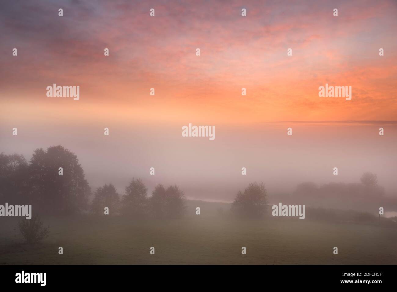 Landschaft, Nebel, Nebel, nebliger Sonnenaufgang, schöner Morgen, Wolken, Himmel Stockfoto