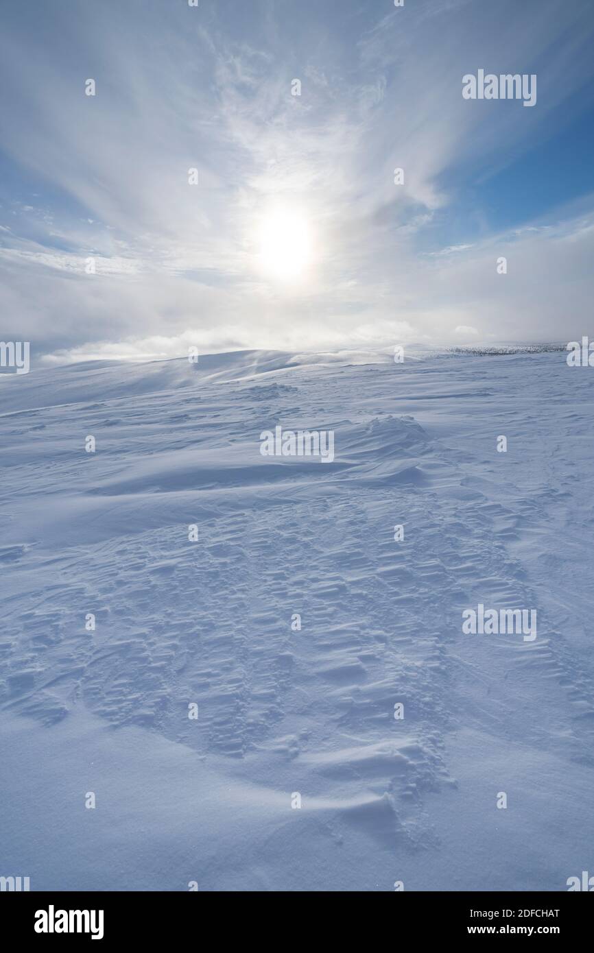 Sonnenlicht auf leeren, schneebedeckten Hügeln im Winter, Saariselka, Urho-Kekkonen-Nationalpark, Lappland, Finnland Stockfoto