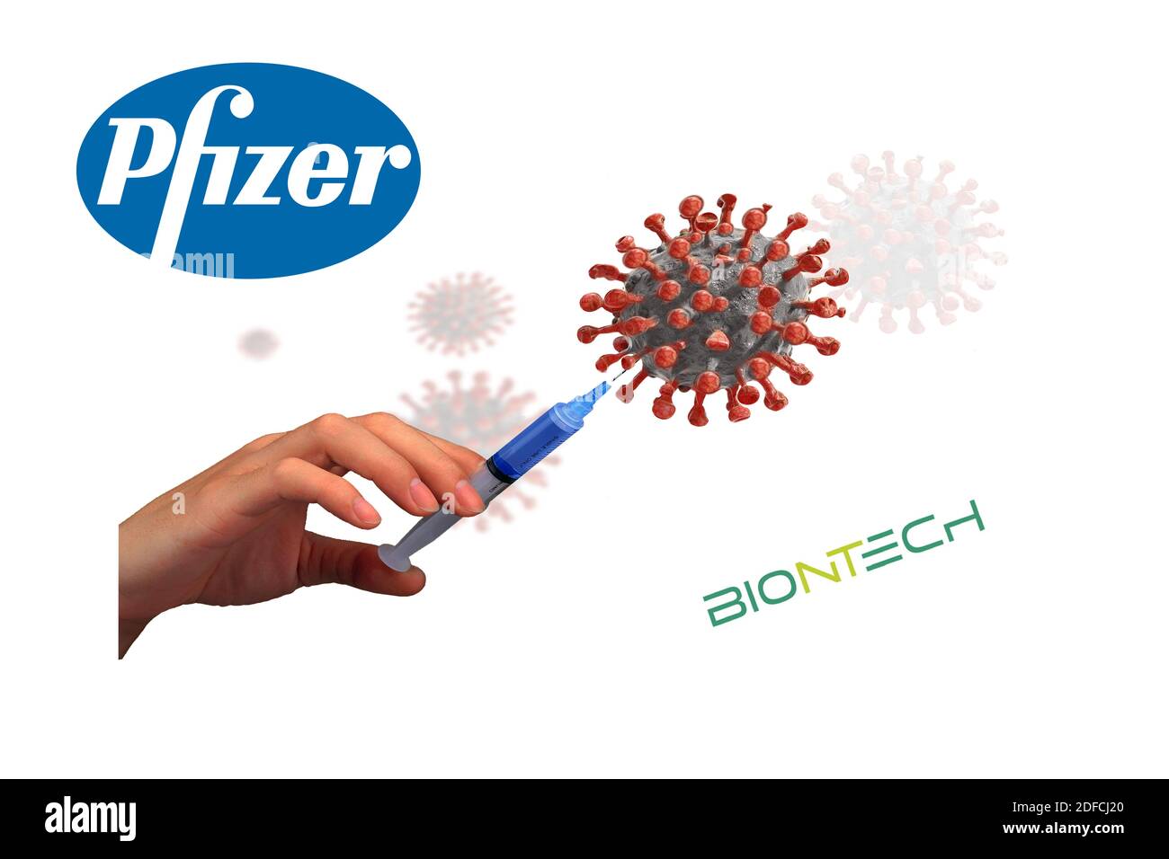 Pfizer und BioNTech Coronavirus-Impfstoff auf weißem Hintergrund Stockfoto