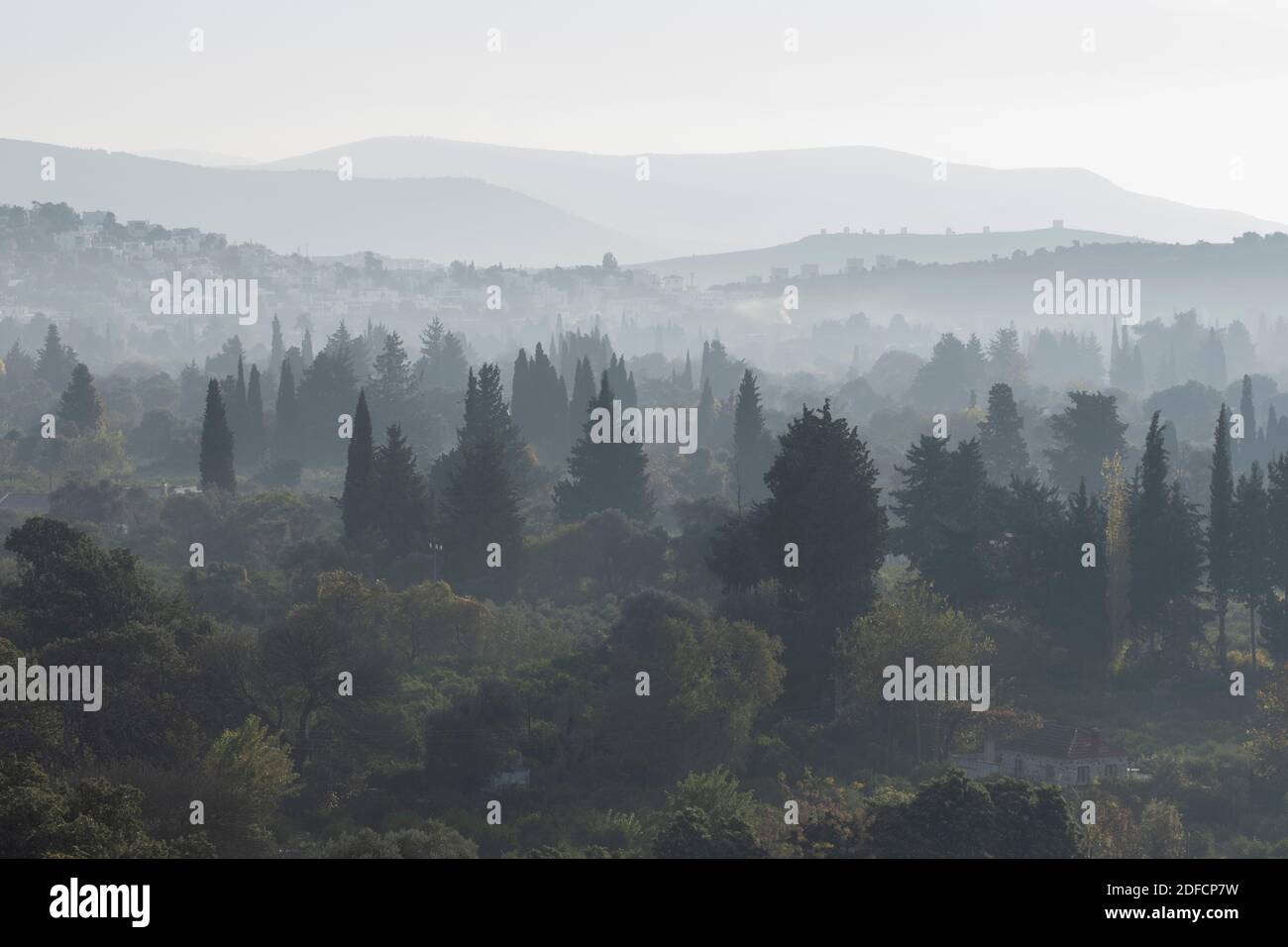 Idyllische Aussicht von unserem Haus am frühen Morgen. Grünes Tal mit vielen Bäumen. Ein Steinhaus an der Vorderseite und in der Ferne ein Dorf. Neblig und neblig. Stockfoto