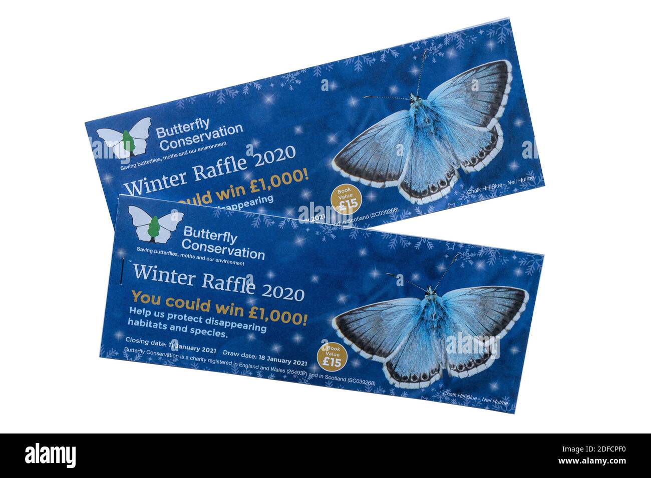 Bücher von Verlosungskarten für wohltätige Zwecke - Spendenaktion für Wildtiere Charity Butterfly Conservation Winter 2020 Stockfoto