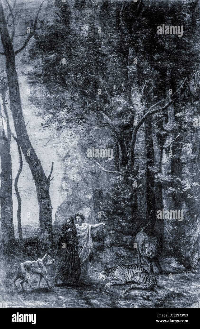 Dante Alighieri - Divina Commedia - Inferno (Hölle) - Dante und Virgil begegnen den drei Tieren Stockfoto