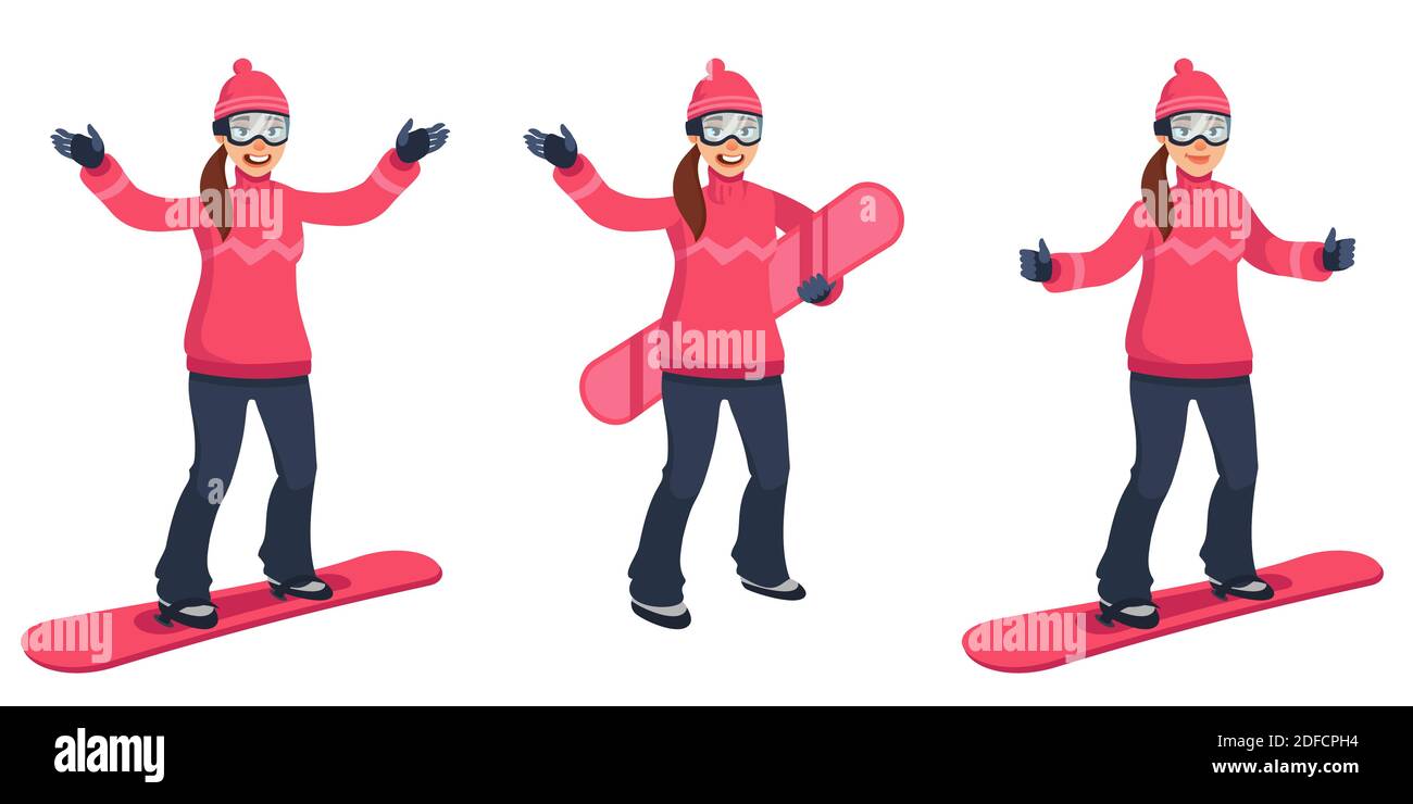 Snowboarder in verschiedenen Posen. Weibliche Figur im Cartoon-Stil. Stock Vektor