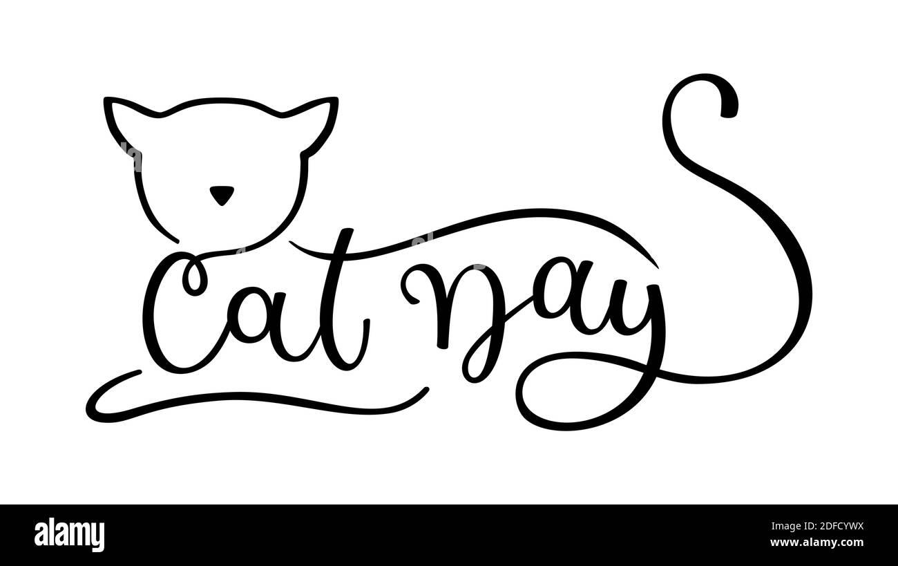 Cat Day. Hand Zeichnung Vektor-Logo mit Katze Silhouette isoliert auf weißem Hintergrund. Vorlage für Karte, Poster, Druck. Stock Vektor