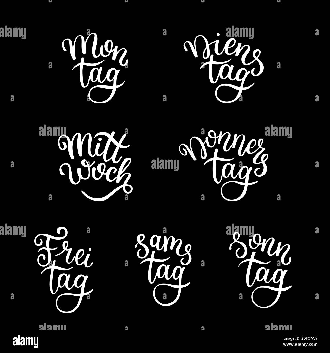 Schriftzug in deutscher Sprache, Wochentage - Montag, Dienstag, Mittwoch, Donnerstag, Freitag, Samstag, Sonntag. Handgeschriebene Wörter für Kalender, Wochenplan oder Stock Vektor