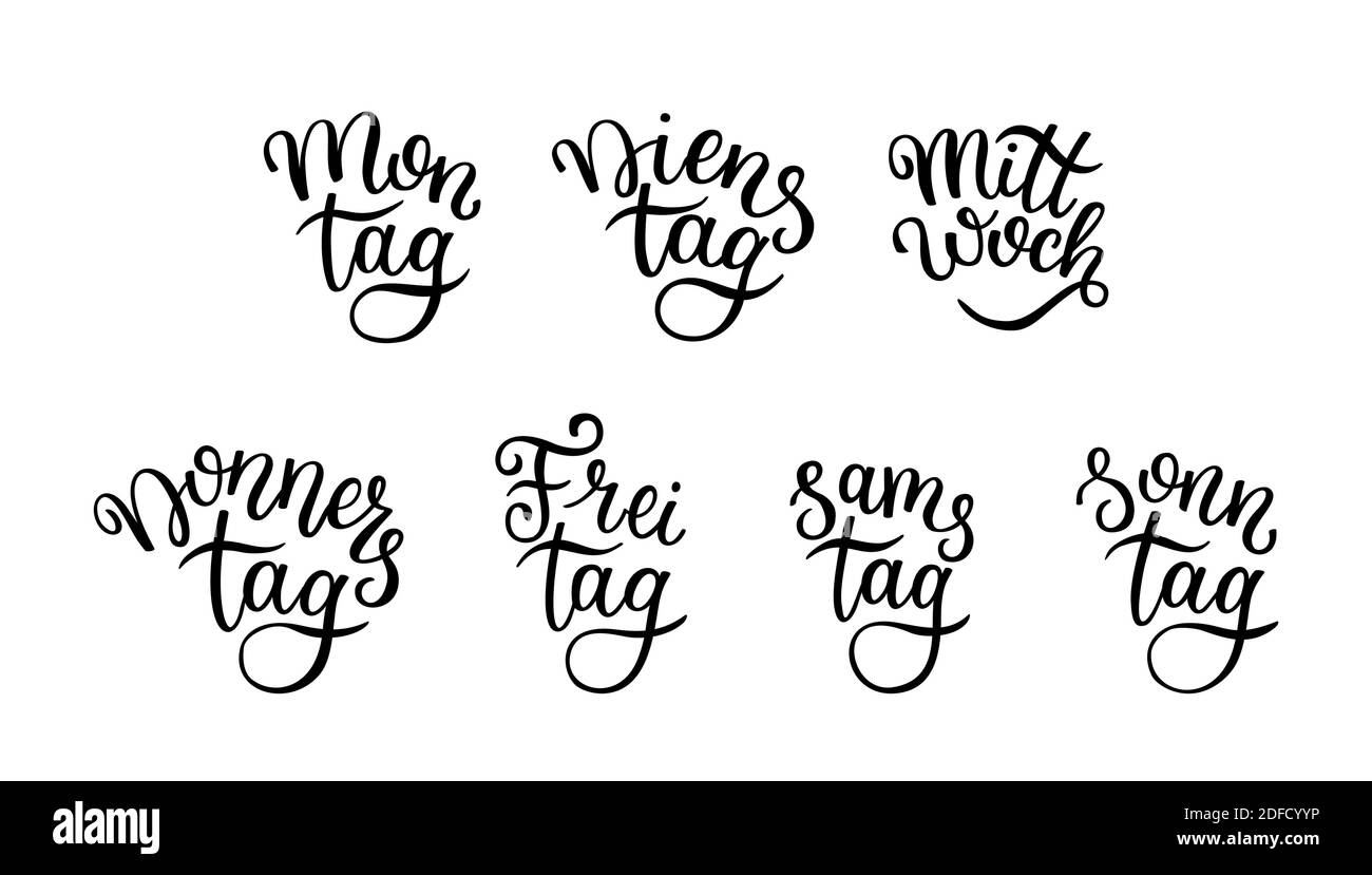 Schriftzug in deutscher Sprache, Wochentage - Montag, Dienstag, Mittwoch, Donnerstag, Freitag, Samstag, Sonntag. Handgeschriebene Wörter für Kalender, Wochenplan oder Stock Vektor