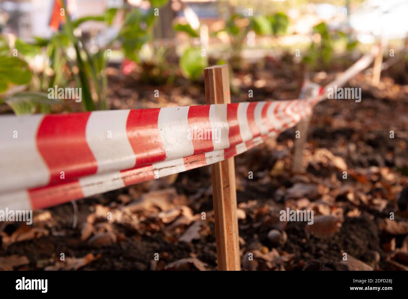 Rot-weißes Sperrband für Sicherheit oder Tatort Stockfoto