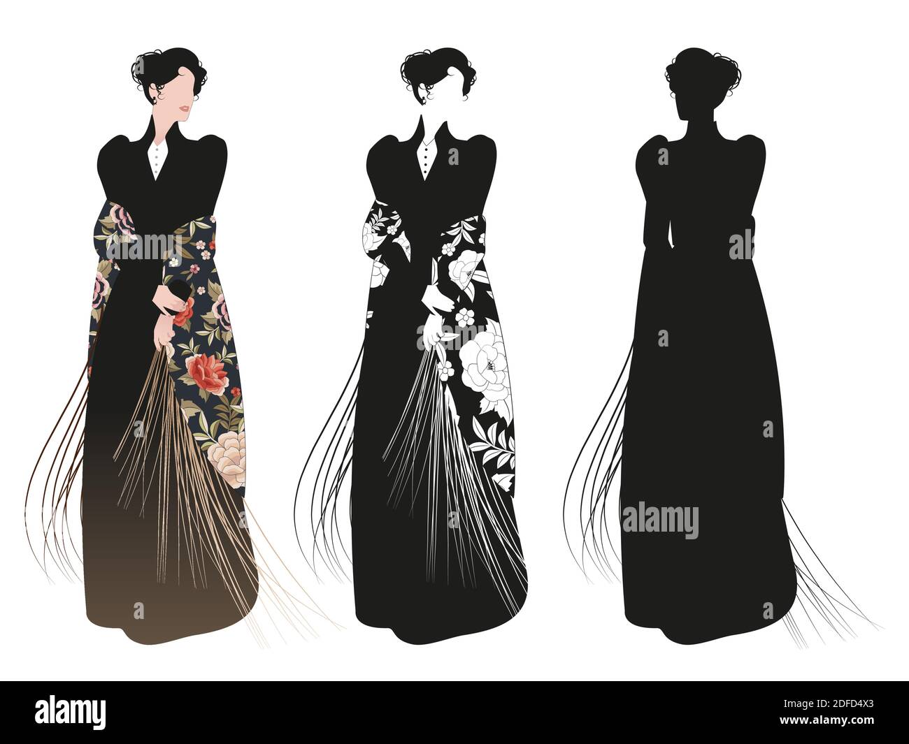 Schöne Frau im Stil des 19. Jahrhunderts gekleidet trägt gefranste Blume Besticktes Tuch isoliert auf weißem Hintergrund Stock Vektor