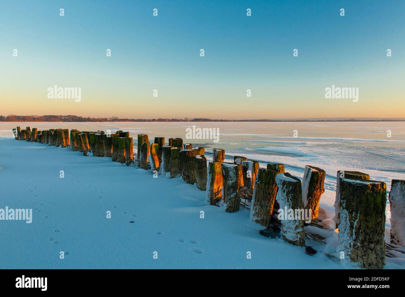 Winter am Duemmer See, Pfaehle im Watt, Abendsonne, Stockfoto