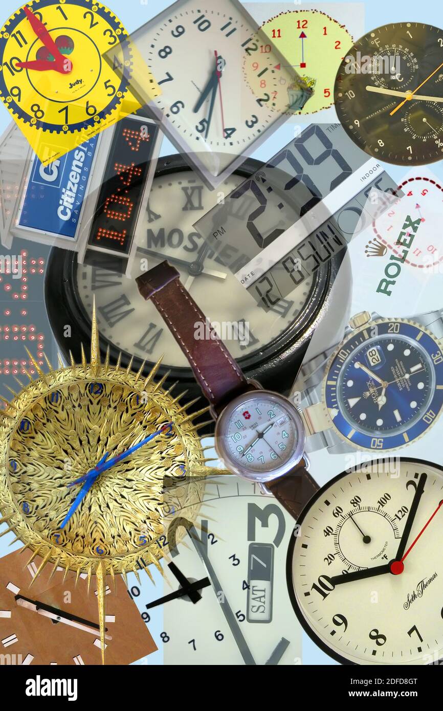 Collage von Zeitstücken wie Watcher, Uhren, Stoppuhr, Stockfoto