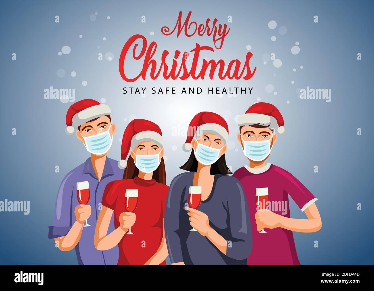 Frohe Weihnachten Menschen genießen mit Party-Poster. Paare tragen medizinische Maske mit halten Weingläser. Covid19, Corona Virus Konzept. Vektorgrafik Stock Vektor