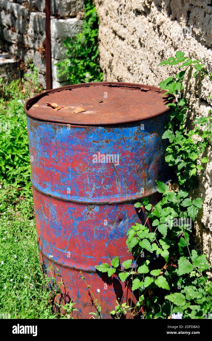 Altes rostiges Fass, mit noch etwas ursprünglicher Farbe, in der Nähe einer Wand mit Pflanzen Stockfoto