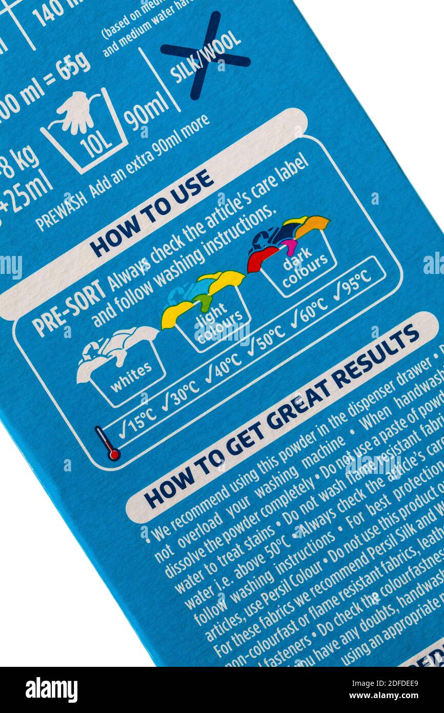 Wie zu verwenden - Anweisungen Detail auf Box von Persil Non Bio Gentle neben empfindlichem Hautwaschpulver Stockfoto
