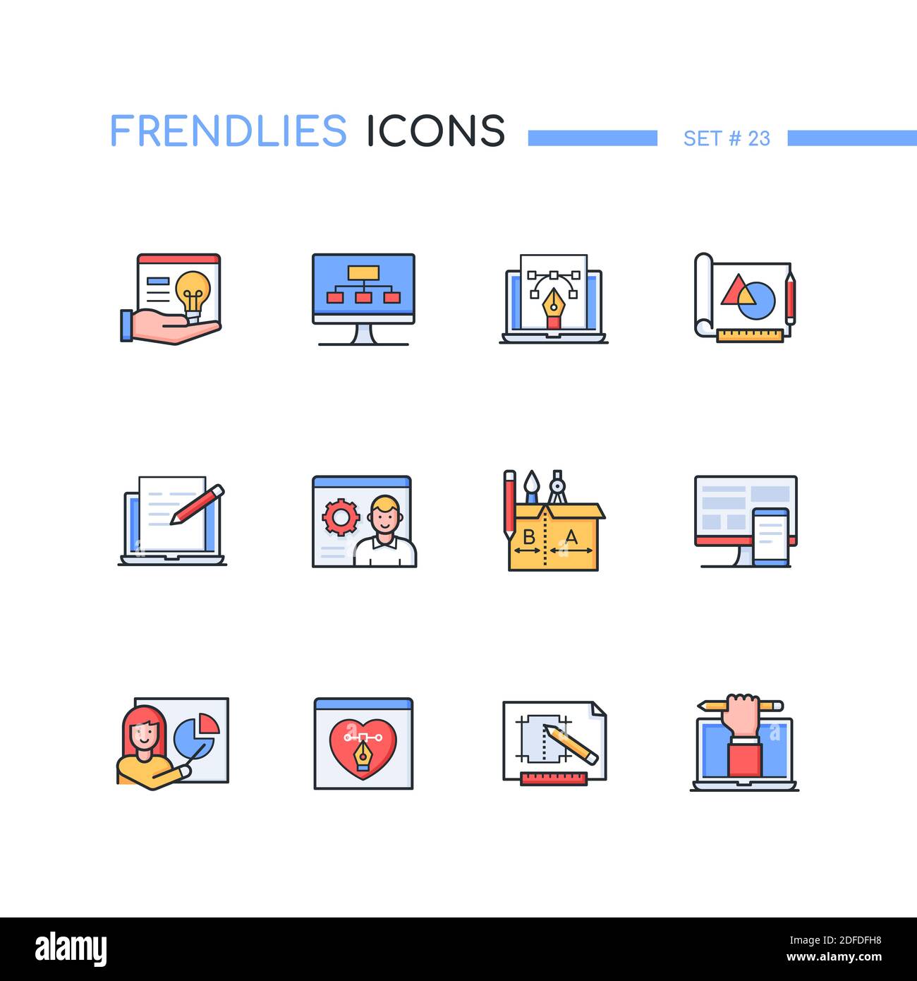 Web-Entwicklung - Moderne Linie Stil Symbole gesetzt. Grafische, responsive, Produkt-, Paket- und ux-Arten von Designbildern. Content Management, Copywriting se Stock Vektor