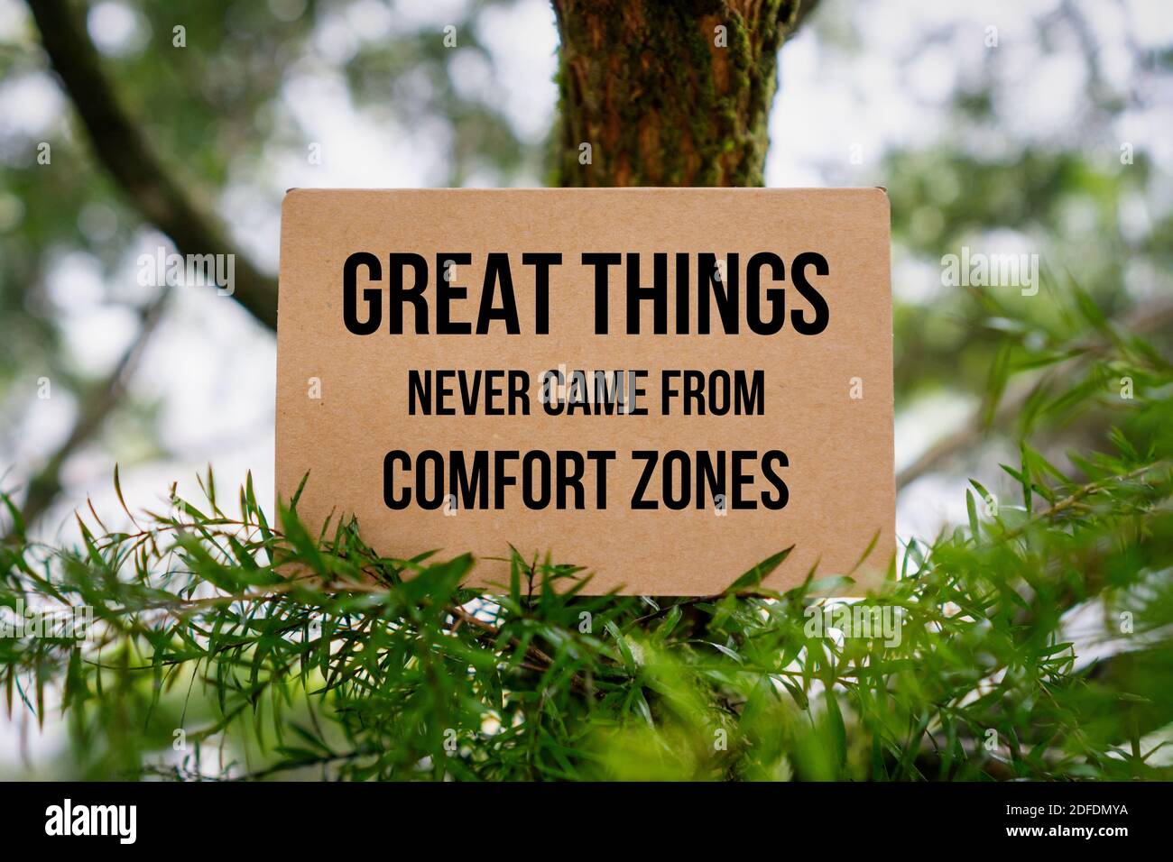 Motivierendes und inspirierendes Zitat. Tolle Dinge Kamen Nie Von Comfort Zones. Papierkarte Auf Natur. Stockfoto