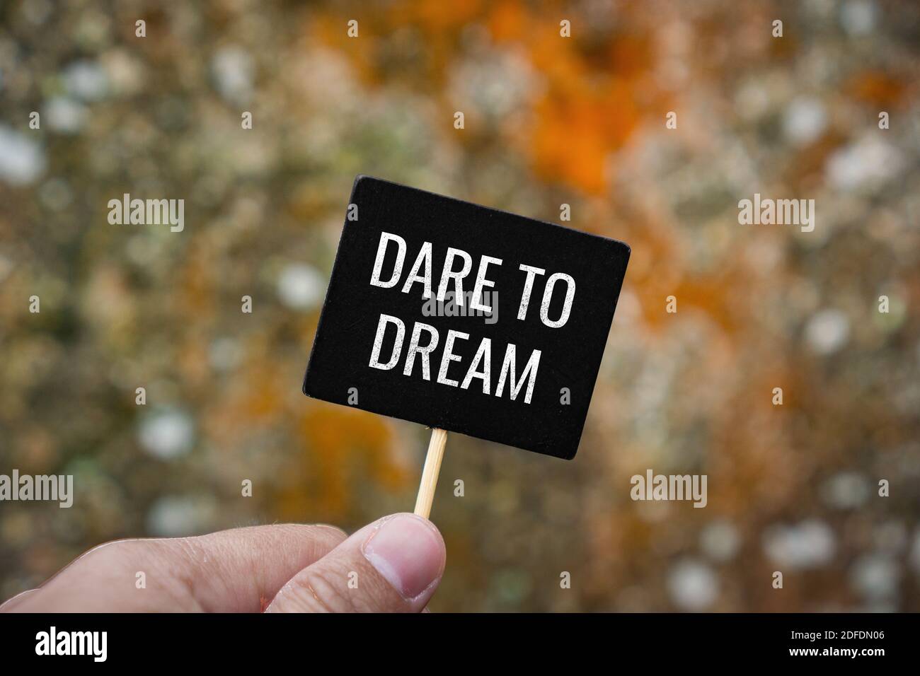 Dare To Dream. Hand Halten Stick Blackboard. Stockfoto