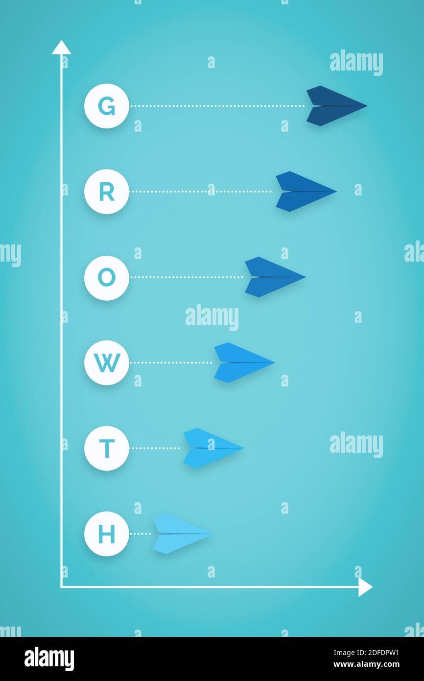 Wachstums- und Fortschrittsdiagramm mit Papierebene. Geschäftsmetapher. Stockfoto