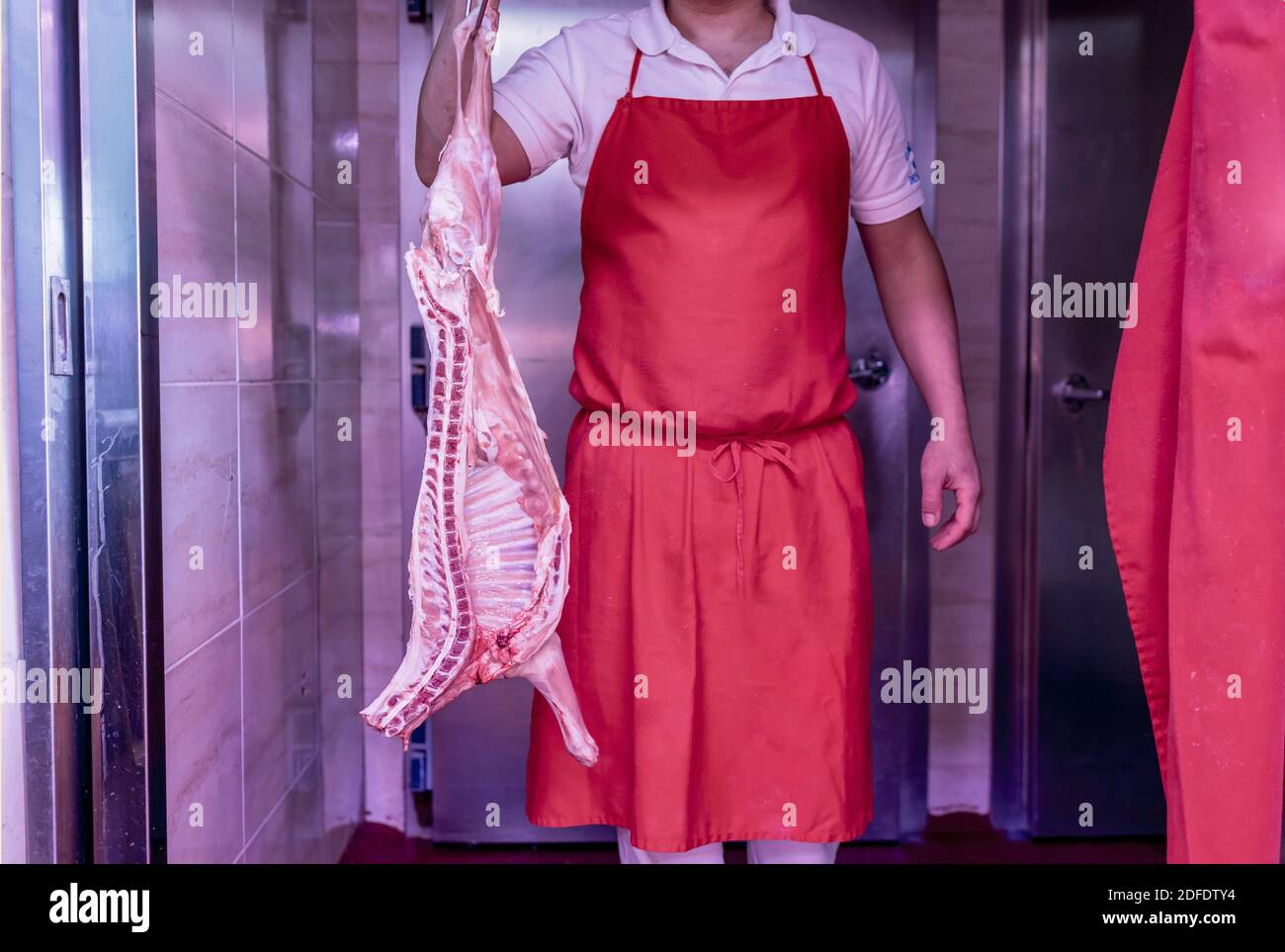 Metzger mit einem Stück Lammfleisch Stockfoto