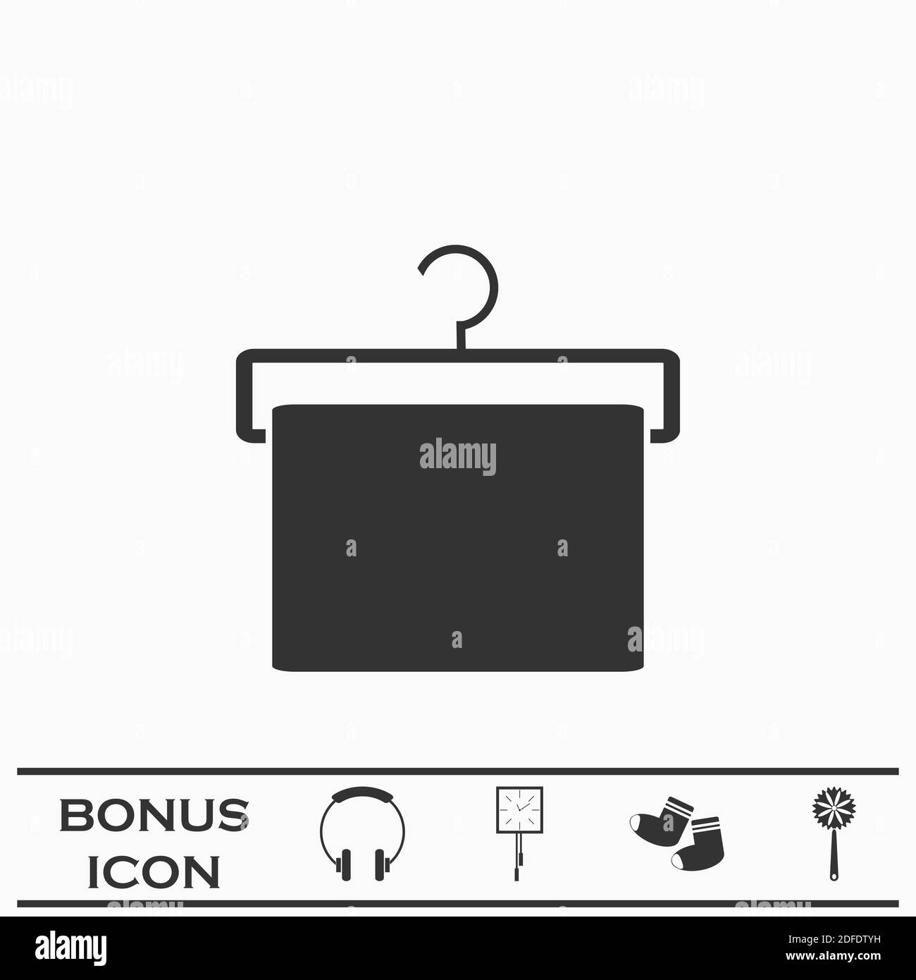 Kleiderbügel mit Handtuch Symbol flach. Schwarzes Piktogramm auf weißem Hintergrund. Vektorgrafik Symbol und Bonus-Taste Stock Vektor