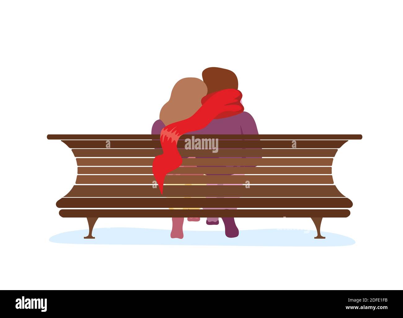 Ein verliebter Pärchen sitzt auf der Parkbank. Junge liebende Mädchen Umarmungen Kerl in langen roten Schal. Mann und Frau romantische Beziehung Vektor isoliert eps illustrati Stock Vektor