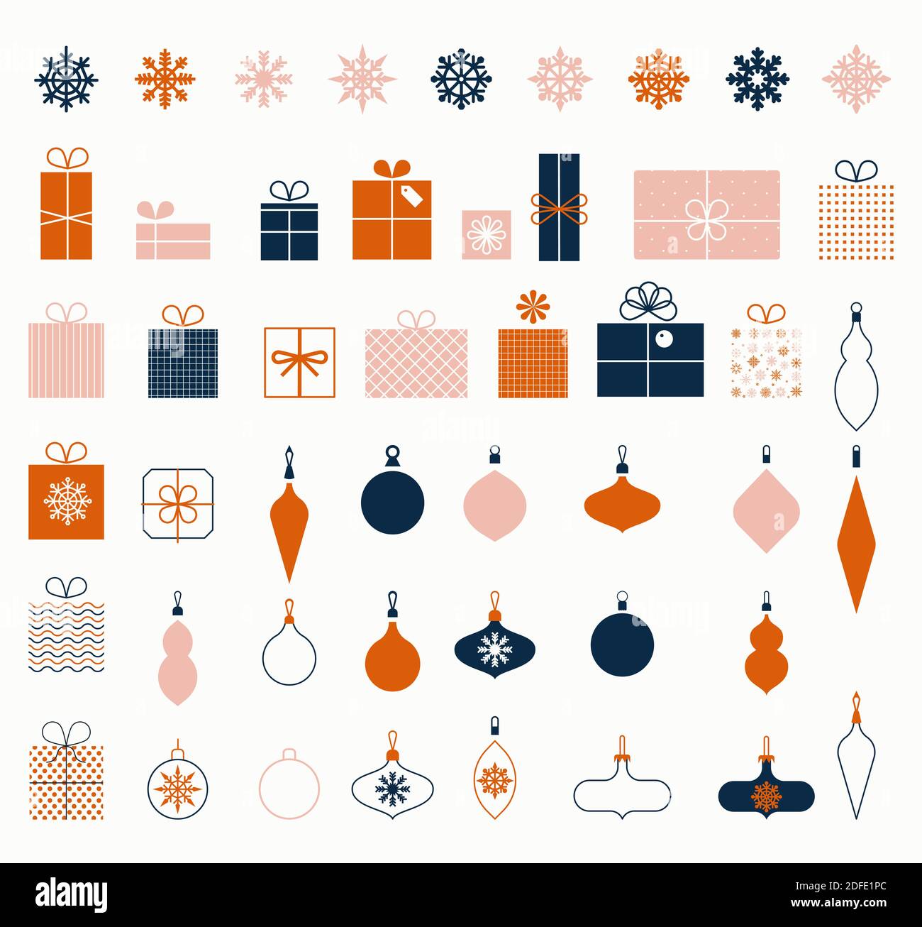 Weihnachten Schneeflocken. Neujahrsgeschenke. Dekorative Designelemente im flachen Stil für Urlaubs- und Grußkarten. Weihnachtskugeln. Satz von Winter-Symbolen. Stockfoto